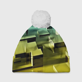 Шапка 3D c помпоном с принтом Плавающие кубы в Санкт-Петербурге, 100% полиэстер | универсальный размер, печать по всей поверхности изделия | Тематика изображения на принте: abstract | abstraction | block | tessera | абстракция | кубики | текстура