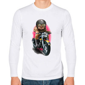 Мужской лонгслив хлопок с принтом Кот мотоциклист в Санкт-Петербурге, 100% хлопок |  | moto | киса | кот | котэ | мото | мотоцикл | очки | шлем