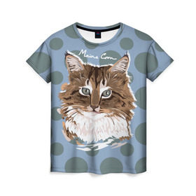 Женская футболка 3D с принтом Мейн-Кун в Санкт-Петербурге, 100% полиэфир ( синтетическое хлопкоподобное полотно) | прямой крой, круглый вырез горловины, длина до линии бедер | cat | kitten | kitty | maine coon | pet | арт | животные | коты | кошки | кружочки | мейн кун | текстура