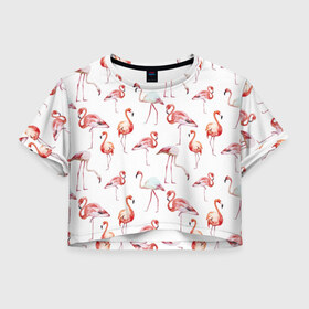 Женская футболка 3D укороченная с принтом Фламинго в Санкт-Петербурге, 100% полиэстер | круглая горловина, длина футболки до линии талии, рукава с отворотами | vppdgryphon | арт | краска | прикольные | птицы | фламинго | цветные
