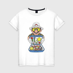 Женская футболка хлопок с принтом Марио в Санкт-Петербурге, 100% хлопок | прямой крой, круглый вырез горловины, длина до линии бедер, слегка спущенное плечо | бонусы | грибы | денди | звезда | игра | молоток | перо | сега | цветы | чемодан | яйцо