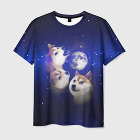 Мужская футболка 3D с принтом Космопес Хатико в Санкт-Петербурге, 100% полиэфир | прямой крой, круглый вырез горловины, длина до линии бедер | Тематика изображения на принте: акита ину | взгляд | голова | звезды | космос | лай | луна | мем | пасть | пес | собака | хатико