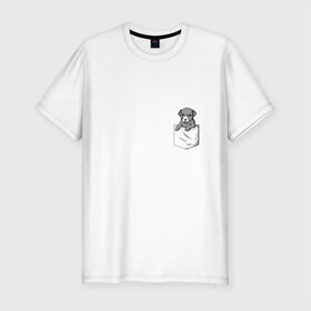 Мужская футболка премиум с принтом Карман в Санкт-Петербурге, 92% хлопок, 8% лайкра | приталенный силуэт, круглый вырез ворота, длина до линии бедра, короткий рукав | Тематика изображения на принте: дог | карман | собака | щенок