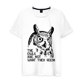 Мужская футболка хлопок с принтом Twin Peaks Owl в Санкт-Петербурге, 100% хлопок | прямой крой, круглый вырез горловины, длина до линии бедер, слегка спущенное плечо. | Тематика изображения на принте: животные | надпись | птицы | сериал | сова | твин пикс | фильмы