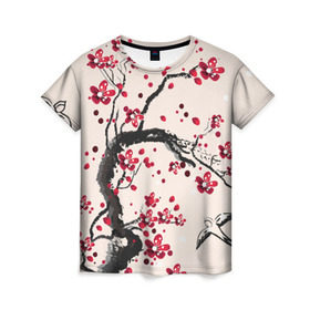 Женская футболка 3D с принтом Сакура в Санкт-Петербурге, 100% полиэфир ( синтетическое хлопкоподобное полотно) | прямой крой, круглый вырез горловины, длина до линии бедер | вишня | дерево | зима | красный | новинки | птицы | черный | япония