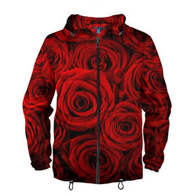 Мужская ветровка 3D с принтом Красные розы в Санкт-Петербурге, 100% полиэстер | подол и капюшон оформлены резинкой с фиксаторами, два кармана без застежек по бокам, один потайной карман на груди | букет | красный | розы | цветы