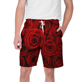 Мужские шорты 3D с принтом Красные розы в Санкт-Петербурге,  полиэстер 100% | прямой крой, два кармана без застежек по бокам. Мягкая трикотажная резинка на поясе, внутри которой широкие завязки. Длина чуть выше колен | букет | красный | розы | цветы