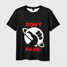 Мужская футболка 3D с принтом Don`t panic в Санкт-Петербурге, 100% полиэфир | прямой крой, круглый вырез горловины, длина до линии бедер | Тематика изображения на принте: dont panic