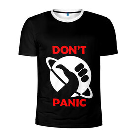 Мужская футболка 3D спортивная с принтом Don`t panic в Санкт-Петербурге, 100% полиэстер с улучшенными характеристиками | приталенный силуэт, круглая горловина, широкие плечи, сужается к линии бедра | Тематика изображения на принте: dont panic