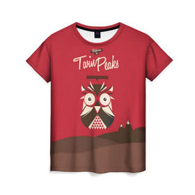 Женская футболка 3D с принтом Добро пожаловать в Twin Peaks в Санкт-Петербурге, 100% полиэфир ( синтетическое хлопкоподобное полотно) | прямой крой, круглый вырез горловины, длина до линии бедер | дьявол | крафт | плакат | ретро | сова | твин пикс