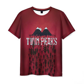 Мужская футболка 3D с принтом Лес Twin Peaks в Санкт-Петербурге, 100% полиэфир | прямой крой, круглый вырез горловины, длина до линии бедер | Тематика изображения на принте: горы | надпись | ретро | твин пикс