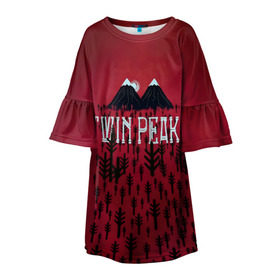 Детское платье 3D с принтом Лес Twin Peaks в Санкт-Петербурге, 100% полиэстер | прямой силуэт, чуть расширенный к низу. Круглая горловина, на рукавах — воланы | горы | надпись | ретро | твин пикс