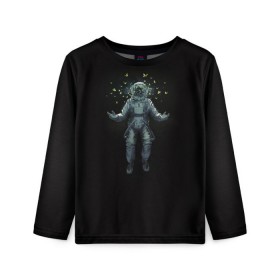 Детский лонгслив 3D с принтом Космонавт с Бабочками в Санкт-Петербурге, 100% полиэстер | длинные рукава, круглый вырез горловины, полуприлегающий силуэт
 | астронавт | время первых | вселенная | гагарин | галактика | гравитация | звезды | интерстеллар | космический | луна | магия | млечный путь | невесомость | полет | скафандр | черная дыра