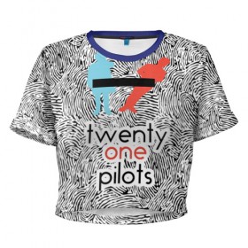 Женская футболка 3D укороченная с принтом TOP в Санкт-Петербурге, 100% полиэстер | круглая горловина, длина футболки до линии талии, рукава с отворотами | rock | t.o.p. | top | twenty one pilots | рок