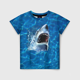 Детская футболка 3D с принтом Пасть акулы в Санкт-Петербурге, 100% гипоаллергенный полиэфир | прямой крой, круглый вырез горловины, длина до линии бедер, чуть спущенное плечо, ткань немного тянется | акула | атака | белая | брызги | вода | волны | зубы | капли | море | океан | опасность | синяя | челюсти | эффект