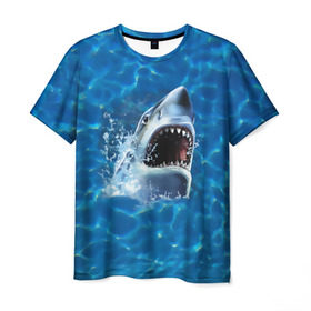 Мужская футболка 3D с принтом Пасть акулы в Санкт-Петербурге, 100% полиэфир | прямой крой, круглый вырез горловины, длина до линии бедер | Тематика изображения на принте: акула | атака | белая | брызги | вода | волны | зубы | капли | море | океан | опасность | синяя | челюсти | эффект