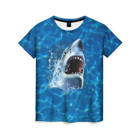 Женская футболка 3D с принтом Пасть акулы в Санкт-Петербурге, 100% полиэфир ( синтетическое хлопкоподобное полотно) | прямой крой, круглый вырез горловины, длина до линии бедер | акула | атака | белая | брызги | вода | волны | зубы | капли | море | океан | опасность | синяя | челюсти | эффект