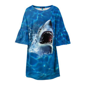 Детское платье 3D с принтом Пасть акулы в Санкт-Петербурге, 100% полиэстер | прямой силуэт, чуть расширенный к низу. Круглая горловина, на рукавах — воланы | Тематика изображения на принте: акула | атака | белая | брызги | вода | волны | зубы | капли | море | океан | опасность | синяя | челюсти | эффект