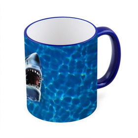 Кружка 3D с принтом Пасть акулы в Санкт-Петербурге, керамика | ёмкость 330 мл | Тематика изображения на принте: акула | атака | белая | брызги | вода | волны | зубы | капли | море | океан | опасность | синяя | челюсти | эффект