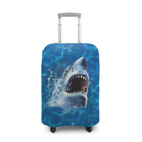 Чехол для чемодана 3D с принтом Пасть акулы в Санкт-Петербурге, 86% полиэфир, 14% спандекс | двустороннее нанесение принта, прорези для ручек и колес | акула | атака | белая | брызги | вода | волны | зубы | капли | море | океан | опасность | синяя | челюсти | эффект