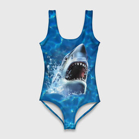 Купальник-боди 3D с принтом Пасть акулы в Санкт-Петербурге, 82% полиэстер, 18% эластан | Круглая горловина, круглый вырез на спине | акула | атака | белая | брызги | вода | волны | зубы | капли | море | океан | опасность | синяя | челюсти | эффект