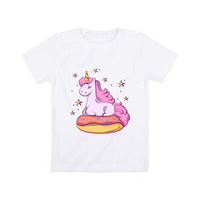 Детская футболка хлопок с принтом Единорог в Санкт-Петербурге, 100% хлопок | круглый вырез горловины, полуприлегающий силуэт, длина до линии бедер | donut | pink | star | unicorn | единорог | звезды | конь | милота | пончик | сказка