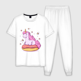 Мужская пижама хлопок с принтом Единорог в Санкт-Петербурге, 100% хлопок | брюки и футболка прямого кроя, без карманов, на брюках мягкая резинка на поясе и по низу штанин
 | Тематика изображения на принте: donut | pink | star | unicorn | единорог | звезды | конь | милота | пончик | сказка