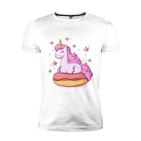 Мужская футболка премиум с принтом Единорог в Санкт-Петербурге, 92% хлопок, 8% лайкра | приталенный силуэт, круглый вырез ворота, длина до линии бедра, короткий рукав | Тематика изображения на принте: donut | pink | star | unicorn | единорог | звезды | конь | милота | пончик | сказка