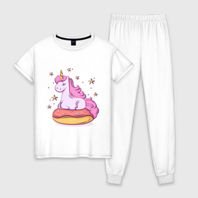 Женская пижама хлопок с принтом Единорог в Санкт-Петербурге, 100% хлопок | брюки и футболка прямого кроя, без карманов, на брюках мягкая резинка на поясе и по низу штанин | donut | pink | star | unicorn | единорог | звезды | конь | милота | пончик | сказка