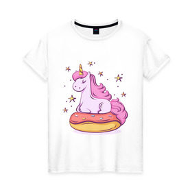 Женская футболка хлопок с принтом Единорог в Санкт-Петербурге, 100% хлопок | прямой крой, круглый вырез горловины, длина до линии бедер, слегка спущенное плечо | donut | pink | star | unicorn | единорог | звезды | конь | милота | пончик | сказка