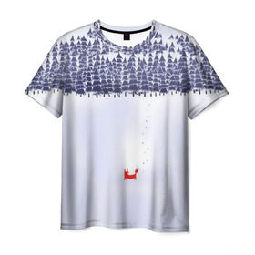 Мужская футболка 3D с принтом Лисичка уходит из леса в Санкт-Петербурге, 100% полиэфир | прямой крой, круглый вырез горловины, длина до линии бедер | fox | деревья | дремучий | елка | ель | зима | лес | лис | лиса | лисенок | природа | рыжая | следы | снег | тайга | уши | хвост
