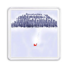Магнит 55*55 с принтом Лисичка уходит из леса в Санкт-Петербурге, Пластик | Размер: 65*65 мм; Размер печати: 55*55 мм | Тематика изображения на принте: fox | деревья | дремучий | елка | ель | зима | лес | лис | лиса | лисенок | природа | рыжая | следы | снег | тайга | уши | хвост