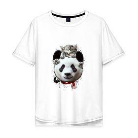 Мужская футболка хлопок Oversize с принтом Панда и котенок в Санкт-Петербурге, 100% хлопок | свободный крой, круглый ворот, “спинка” длиннее передней части | cat | panda | добро | друг | животные | кот | котенок | кошка | лучший | медведь | милый | мишка | нежный | панда