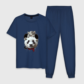 Мужская пижама хлопок с принтом Панда и котенок в Санкт-Петербурге, 100% хлопок | брюки и футболка прямого кроя, без карманов, на брюках мягкая резинка на поясе и по низу штанин
 | cat | panda | добро | друг | животные | кот | котенок | кошка | лучший | медведь | милый | мишка | нежный | панда
