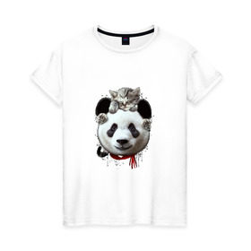 Женская футболка хлопок с принтом Панда и котенок в Санкт-Петербурге, 100% хлопок | прямой крой, круглый вырез горловины, длина до линии бедер, слегка спущенное плечо | cat | panda | добро | друг | животные | кот | котенок | кошка | лучший | медведь | милый | мишка | нежный | панда
