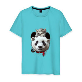 Мужская футболка хлопок с принтом Панда и котенок в Санкт-Петербурге, 100% хлопок | прямой крой, круглый вырез горловины, длина до линии бедер, слегка спущенное плечо. | Тематика изображения на принте: cat | panda | добро | друг | животные | кот | котенок | кошка | лучший | медведь | милый | мишка | нежный | панда