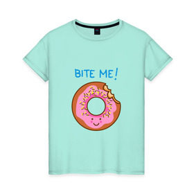 Женская футболка хлопок с принтом Укуси меня в Санкт-Петербурге, 100% хлопок | прямой крой, круглый вырез горловины, длина до линии бедер, слегка спущенное плечо | bart | donut | food | homer | simpsons | аппетит | барт | гомер | еда | мультфильм | пончик | симпсоны | сладкий