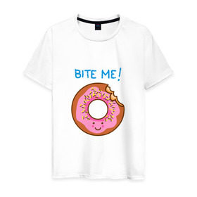 Мужская футболка хлопок с принтом Укуси меня в Санкт-Петербурге, 100% хлопок | прямой крой, круглый вырез горловины, длина до линии бедер, слегка спущенное плечо. | bart | donut | food | homer | simpsons | аппетит | барт | гомер | еда | мультфильм | пончик | симпсоны | сладкий