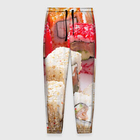 Мужские брюки 3D с принтом Роллы в Санкт-Петербурге, 100% полиэстер | манжеты по низу, эластичный пояс регулируется шнурком, по бокам два кармана без застежек, внутренняя часть кармана из мелкой сетки | еда | роллы | суши