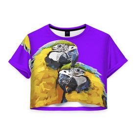 Женская футболка 3D укороченная с принтом Попугайчики в Санкт-Петербурге, 100% полиэстер | круглая горловина, длина футболки до линии талии, рукава с отворотами | bird | животные | попугайчики | птицы | текстуры
