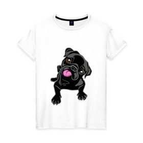 Женская футболка хлопок с принтом Забавный мопсик в Санкт-Петербурге, 100% хлопок | прямой крой, круглый вырез горловины, длина до линии бедер, слегка спущенное плечо | animal | dog | pet | pug | puppy | арт | животные | милые | мопс | пес | собаки | французский бульдог