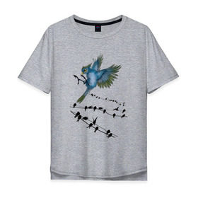 Мужская футболка хлопок Oversize с принтом Ласточка в Санкт-Петербурге, 100% хлопок | свободный крой, круглый ворот, “спинка” длиннее передней части | весна | колибри | крылья | мызыка | ноты | пение | перо | перышко | перья