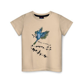 Детская футболка хлопок с принтом Ласточка в Санкт-Петербурге, 100% хлопок | круглый вырез горловины, полуприлегающий силуэт, длина до линии бедер | Тематика изображения на принте: весна | колибри | крылья | мызыка | ноты | пение | перо | перышко | перья