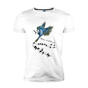 Мужская футболка премиум с принтом Ласточка в Санкт-Петербурге, 92% хлопок, 8% лайкра | приталенный силуэт, круглый вырез ворота, длина до линии бедра, короткий рукав | весна | колибри | крылья | мызыка | ноты | пение | перо | перышко | перья