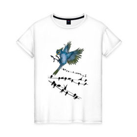 Женская футболка хлопок с принтом Ласточка в Санкт-Петербурге, 100% хлопок | прямой крой, круглый вырез горловины, длина до линии бедер, слегка спущенное плечо | весна | колибри | крылья | мызыка | ноты | пение | перо | перышко | перья