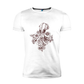 Мужская футболка премиум с принтом Steampunk octopus в Санкт-Петербурге, 92% хлопок, 8% лайкра | приталенный силуэт, круглый вырез ворота, длина до линии бедра, короткий рукав | Тематика изображения на принте: gear | octopus | sea | steampunk | арт | осьминог | стимпанк | шестеренка