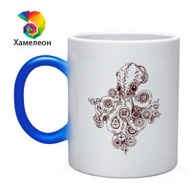 Кружка хамелеон с принтом Steampunk octopus в Санкт-Петербурге, керамика | меняет цвет при нагревании, емкость 330 мл | gear | octopus | sea | steampunk | арт | осьминог | стимпанк | шестеренка