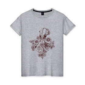 Женская футболка хлопок с принтом Steampunk octopus в Санкт-Петербурге, 100% хлопок | прямой крой, круглый вырез горловины, длина до линии бедер, слегка спущенное плечо | gear | octopus | sea | steampunk | арт | осьминог | стимпанк | шестеренка