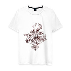 Мужская футболка хлопок с принтом Steampunk octopus в Санкт-Петербурге, 100% хлопок | прямой крой, круглый вырез горловины, длина до линии бедер, слегка спущенное плечо. | Тематика изображения на принте: gear | octopus | sea | steampunk | арт | осьминог | стимпанк | шестеренка