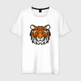 Мужская футболка хлопок с принтом ТИГР в Санкт-Петербурге, 100% хлопок | прямой крой, круглый вырез горловины, длина до линии бедер, слегка спущенное плечо. | агрессия | голова | кошка | сила | тигр | хищник
